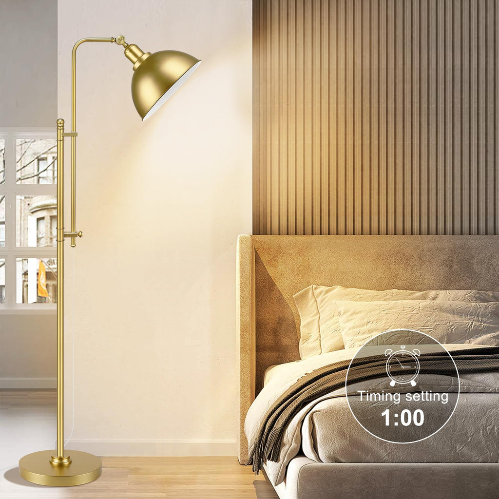 Industrial Floor Lamp Adjustable, Rustic Farmhouse Reading Lamp in Aged Gold Finish, Modern Standing Lamp with Remote