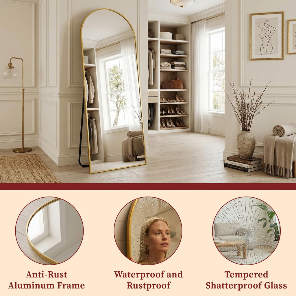 81"x41" Arched Full Length Mirror with Stand, Gold Floor Mirror