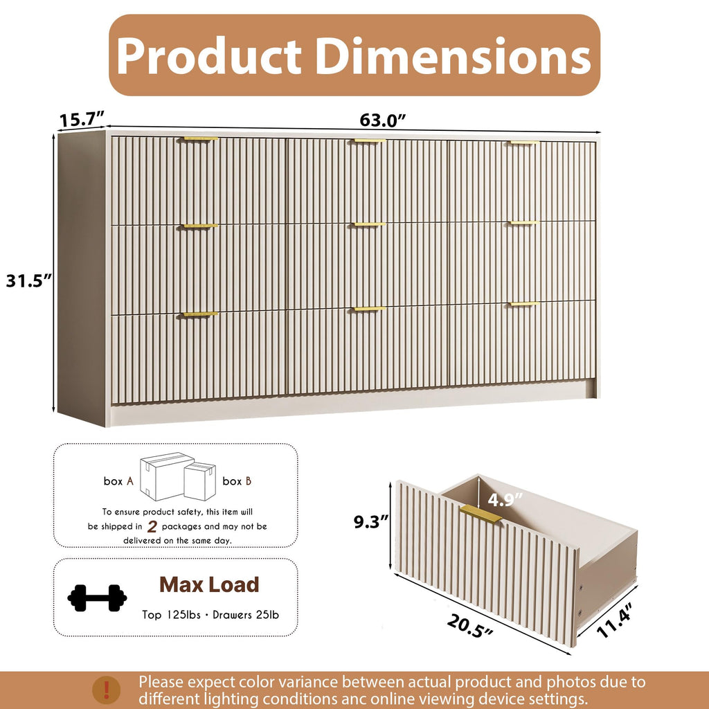 3-Piece Dresser Bedroom Set, 9 Drawer Dresser & 3 Drawer Nightstands with Gold Handles, Fluted Wood Chest of Drawers