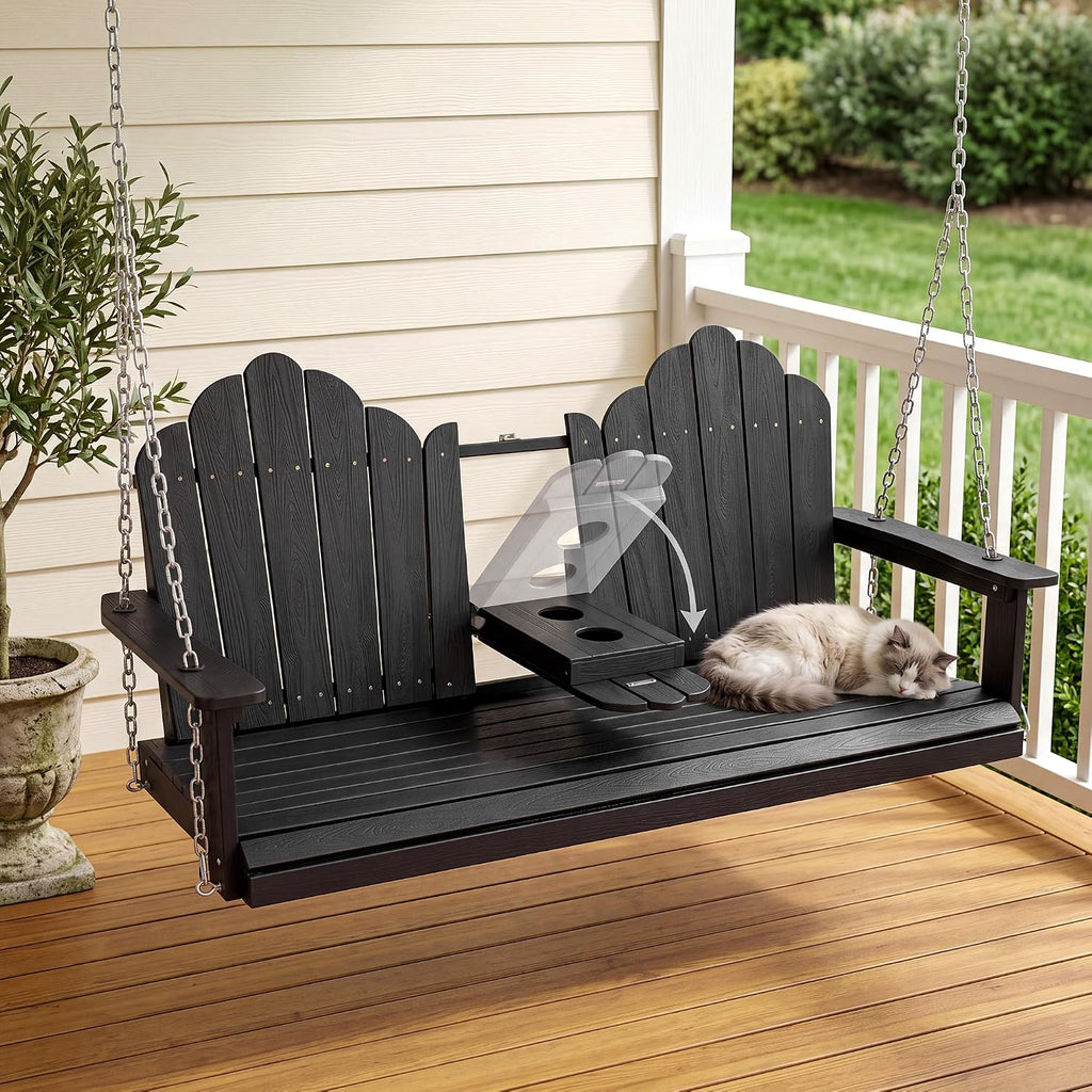 3 Seat Porch Swing with Tray, HDPE Wood Gra Swing, Black | Fits a family or three adults; fold-down center console