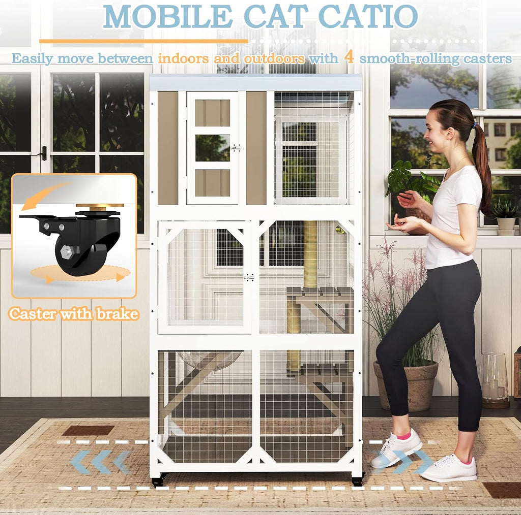 64" H Large Wooden Catio Outdoor Cat Enclosure with Wheels