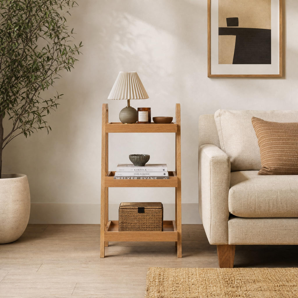 Small Bookshelf for Small Spaces, Oak Ladder Shelf, Solid Wood Bookcase