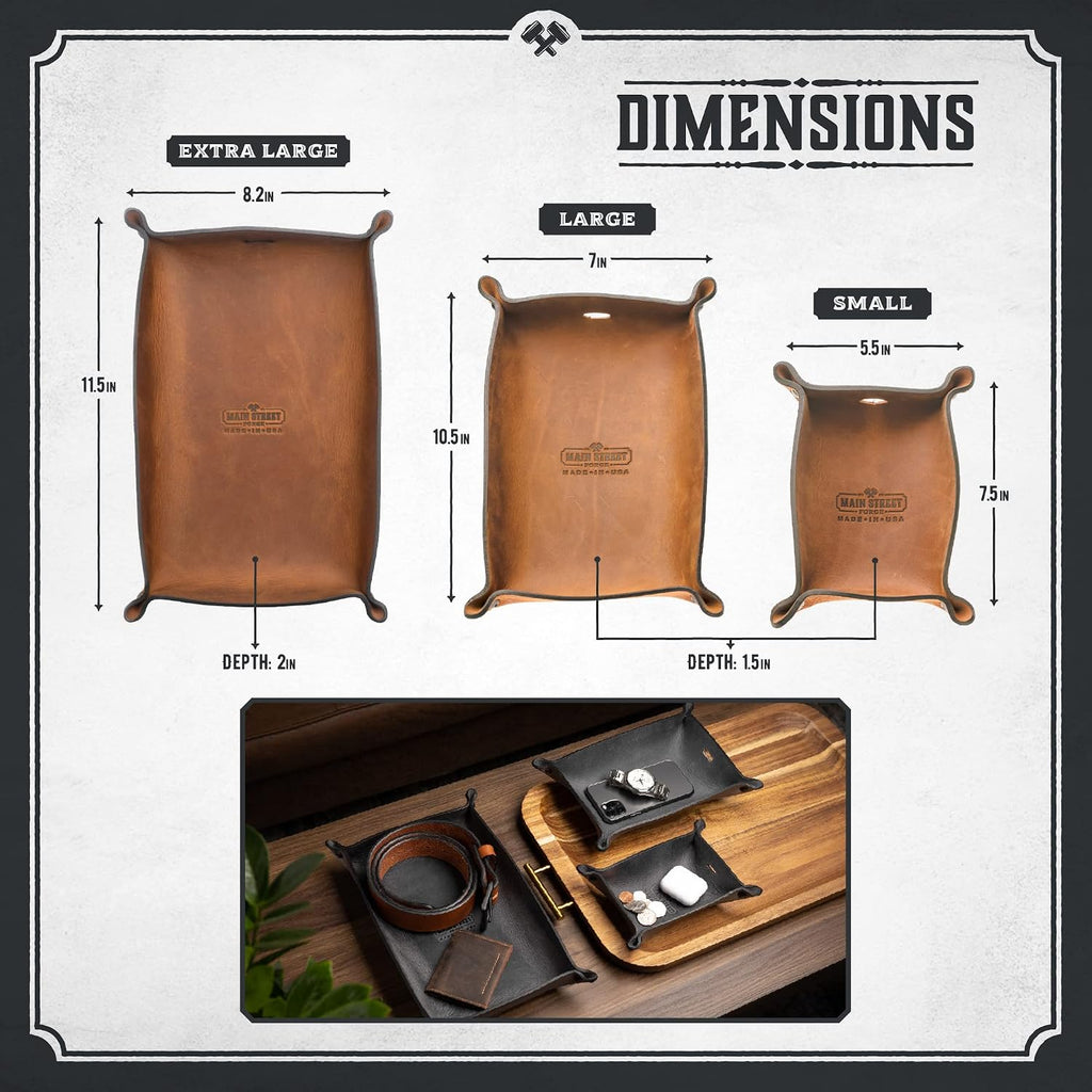 Leather Valet Tray for Men - Rustic EDC Organizer for Keys, Phone & Wallet - Made in USA - Bootlegger Brown