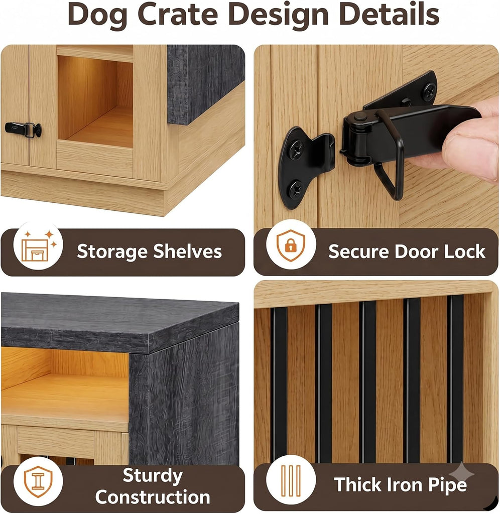 Furniture Dog Crate, Double Dog Crate Furniture Natural & Grey