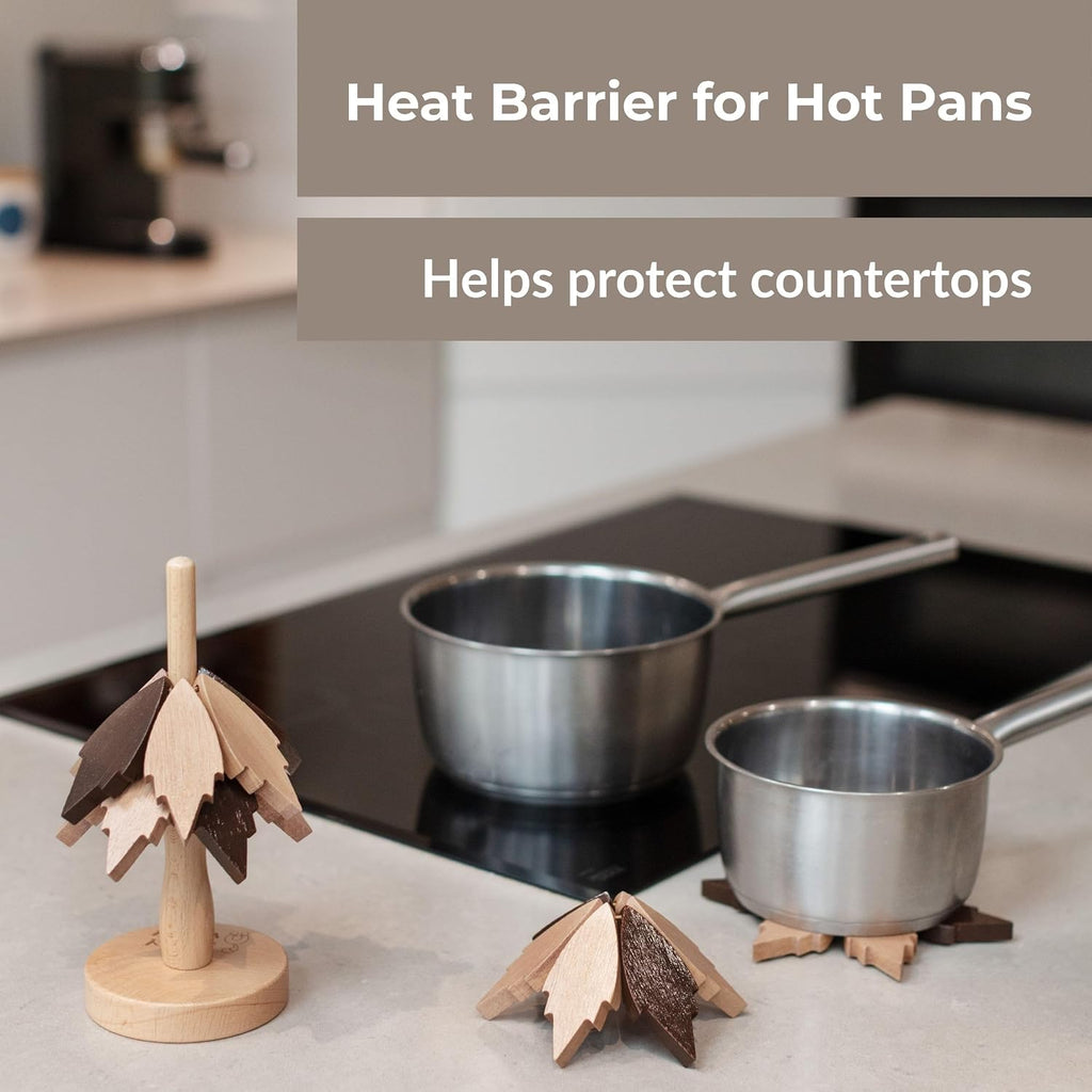 Expandable Wooden Tree Trivet Set - Modular Leaf Design, Non-Slip Silicone Base, Heat Resistant Pot Stand, Decorative