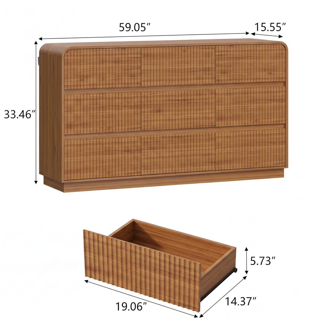 Walnut Dresser Fluted 9 Drawers Dresser, 59" Wide Wood Chest of Drawers with Hidden Handles & Rounded Corners