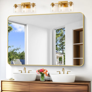Gold Bathroom Mirror, 60x40 inch Wall Mirror Wall Mounted, Round Rectangle Mirror Over Sink, Modern Frame Decor Living
