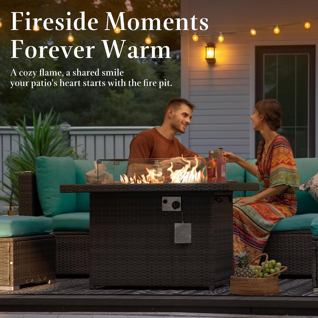 Wicker Propane Fire Pit Table, 60000 BTU Large Natural Gas Firepit Tables, 43'' Rectangle CSA Fireplaces for Deck