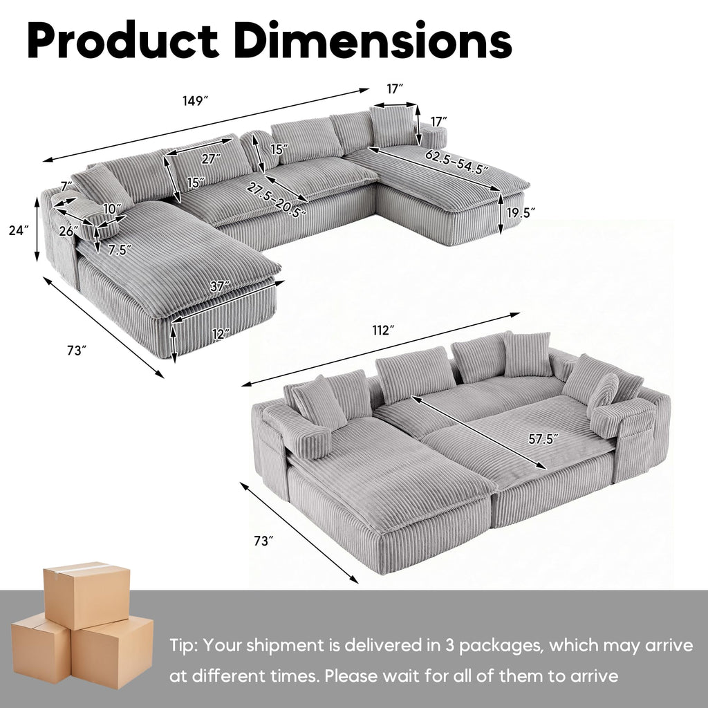149" Oversized Cloud Boneless Couch with Chaise, Modern U Shape Modular Deep Seat Sectional Sofa, Comfy Corduroy