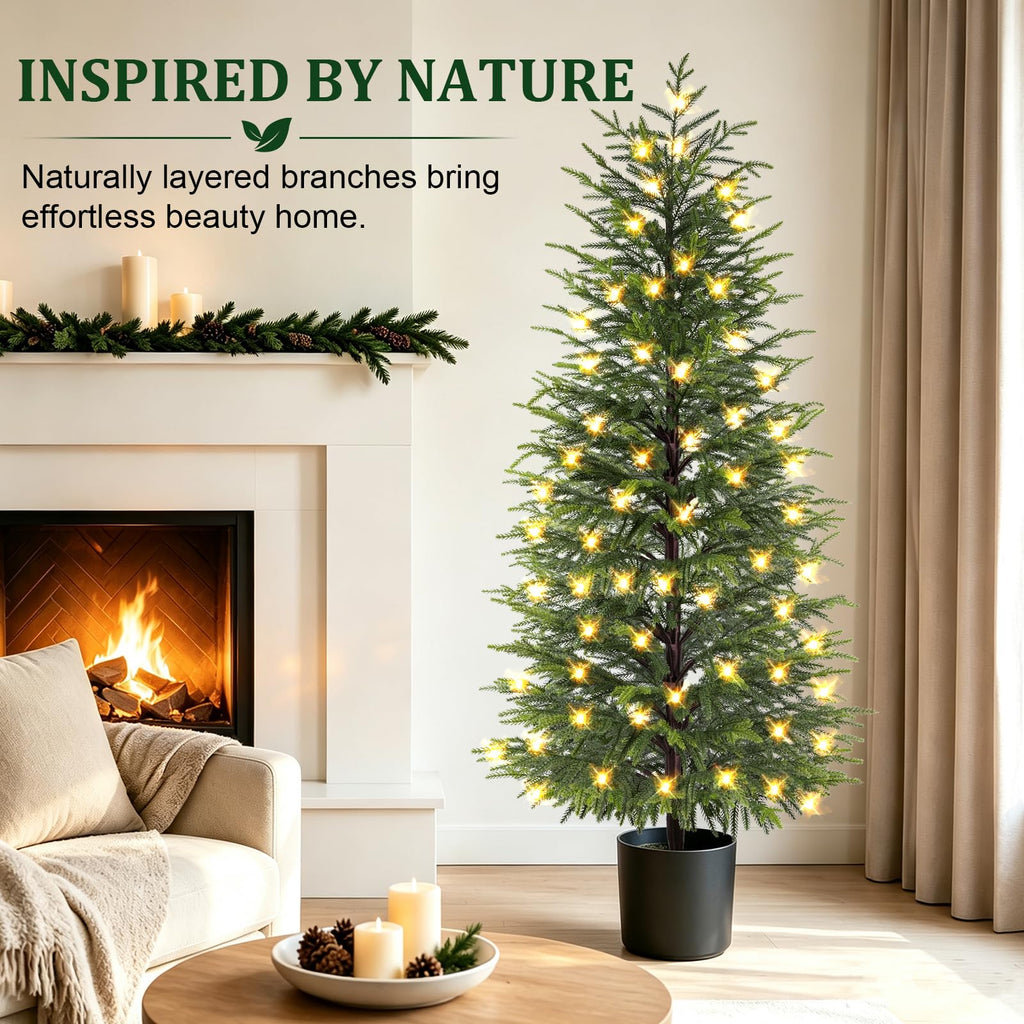 5FT Prelit Norfolk Pine Christmas Tree Real Touch Artificial Cedar Tree with 80LED Lights & 8-Function Plug-in Potted