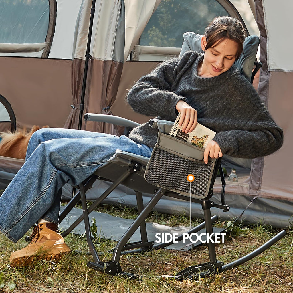 Thick Padded Folding Rocking Camping Chair Outdoor 400 LBS Gray