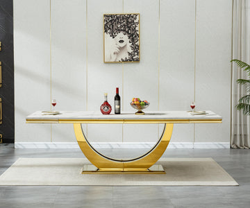 94.5'' Modern Imitation Marble Dining Table with U Stainless Steel Pedestal, White and Gold Dining Room Table for