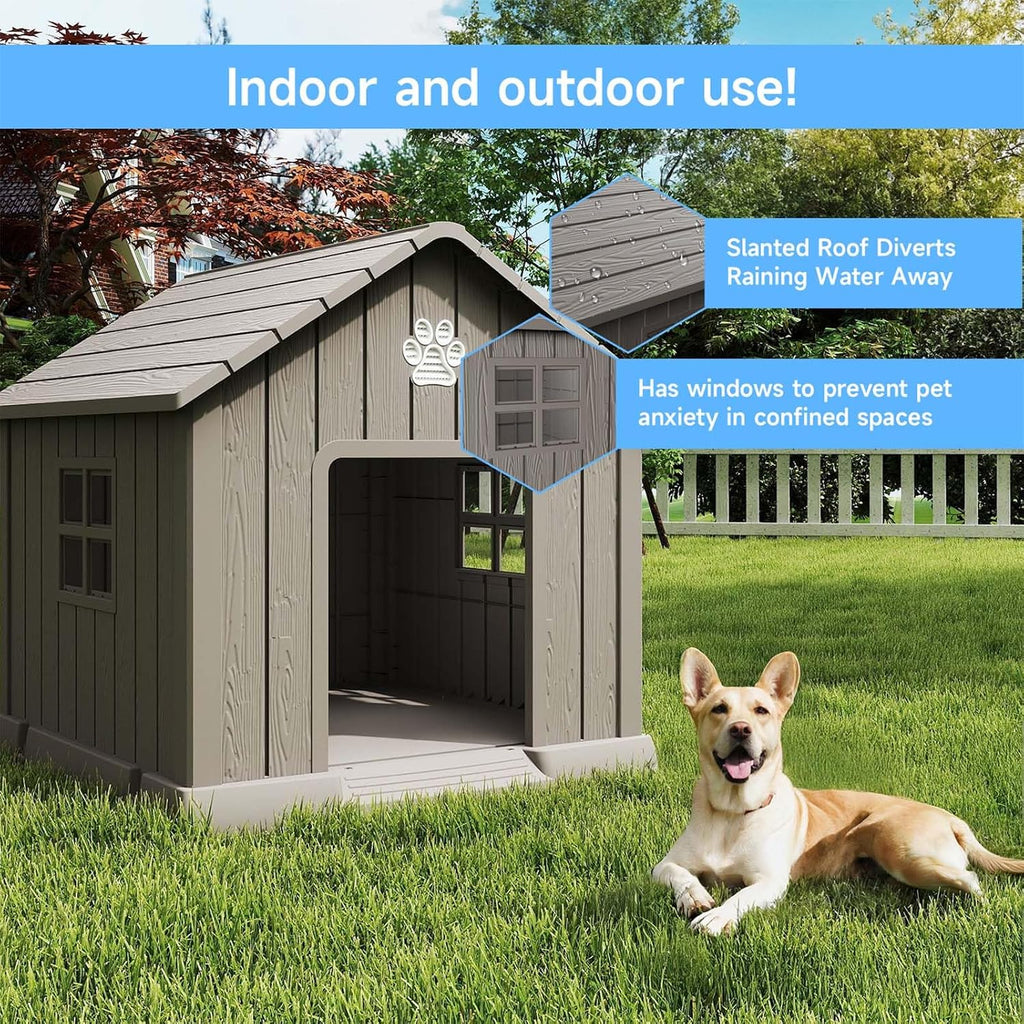 Dog House Outdoor Indoor, Dog House Weatherproof Resin Shelter with Air Vents and Elevated Floor for Small Medium