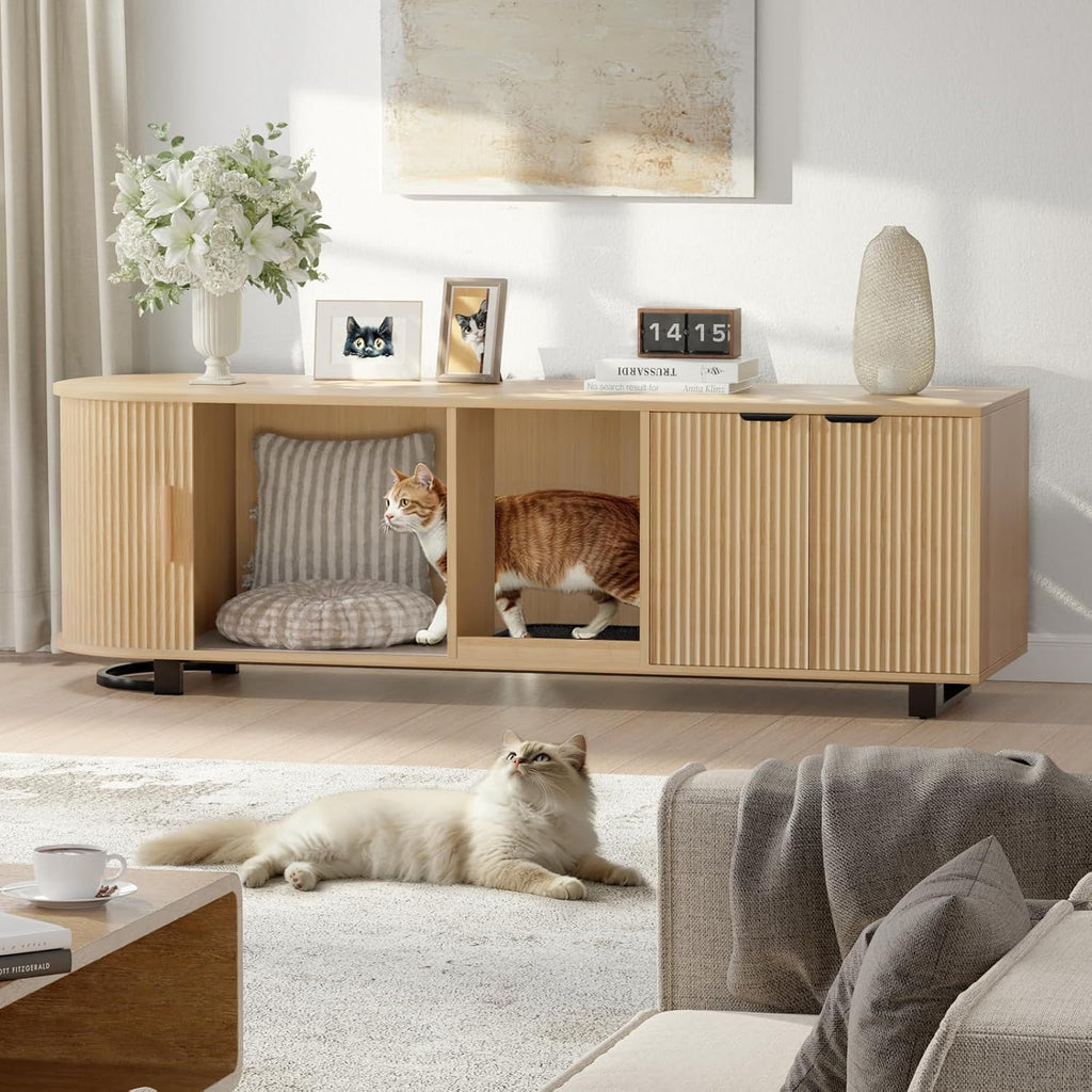 62'' Cat Litter Box Enclosure with Sliding Tambour Door, Fluted Litter Box Enclosure Furniture Hidden Litter Box