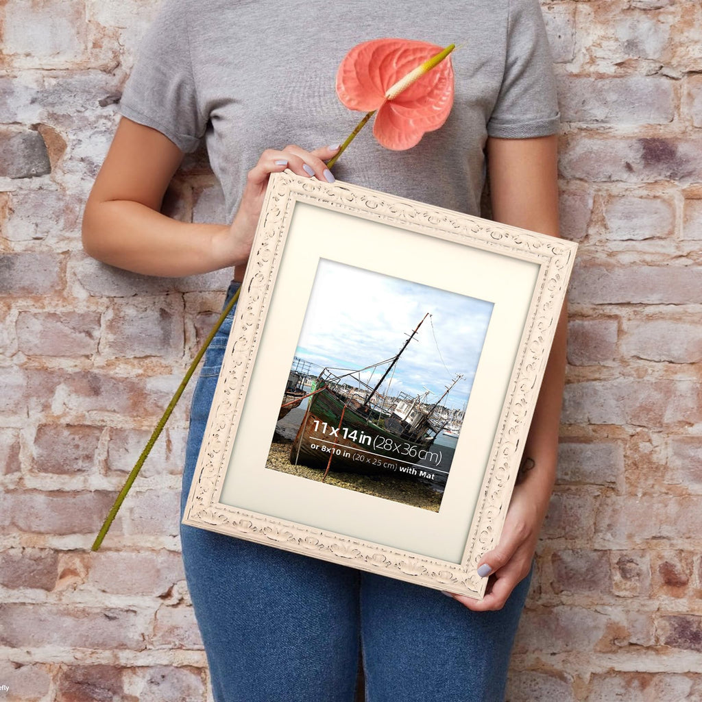11x14 in Distressed Wood Off-white Vintage Antique Farmhouse Picture Frame, Museum Grade Off White Mat 8x10, UV