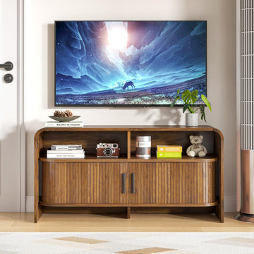 Small TV Stand, Low Fluted TV Console for 40 43 Inch, Mid Century Modern Entertainment Center with Sliding Doors