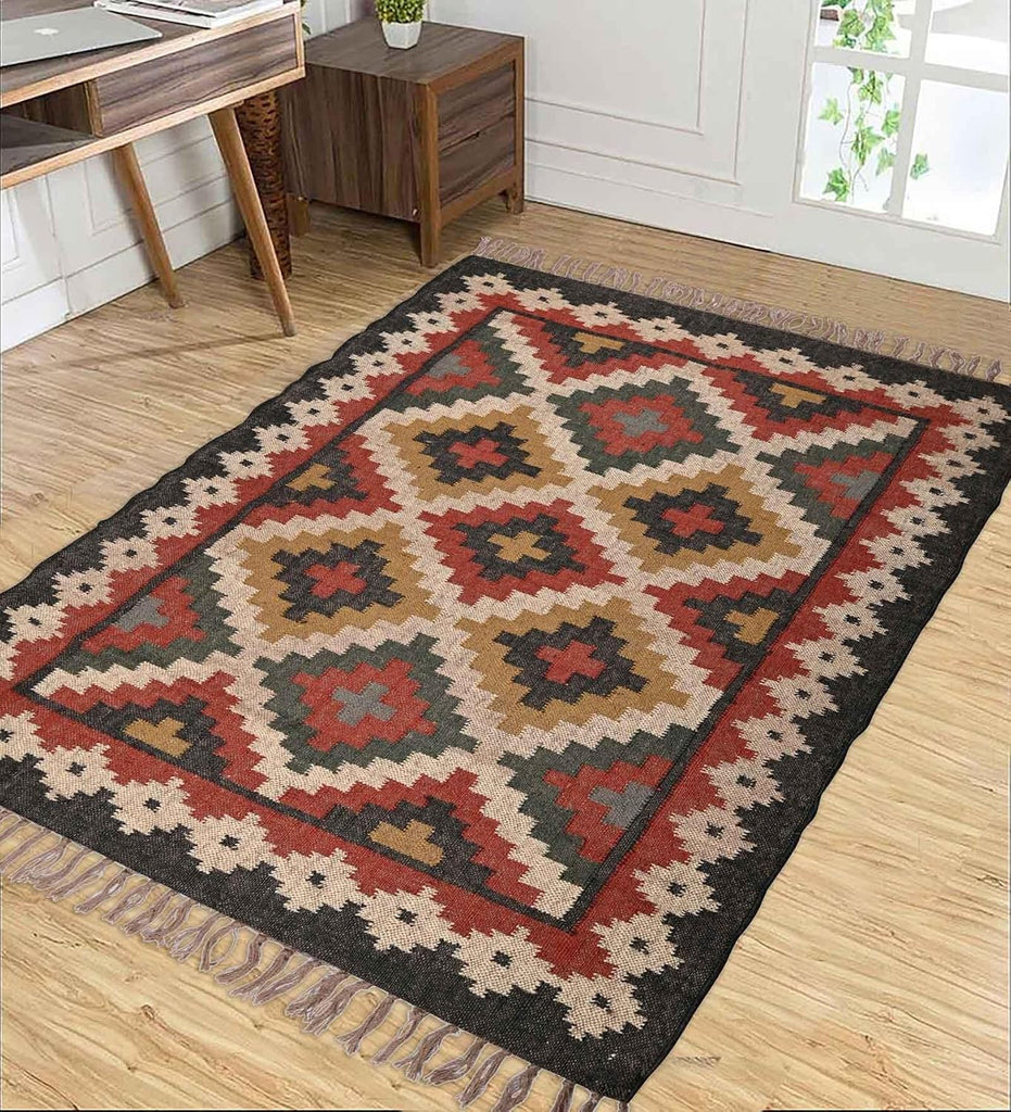 Geometric Kilim Wool Jute Rug - Natural Handwoven Flatweave, Bohemian Southwestern Style, Sustainable and