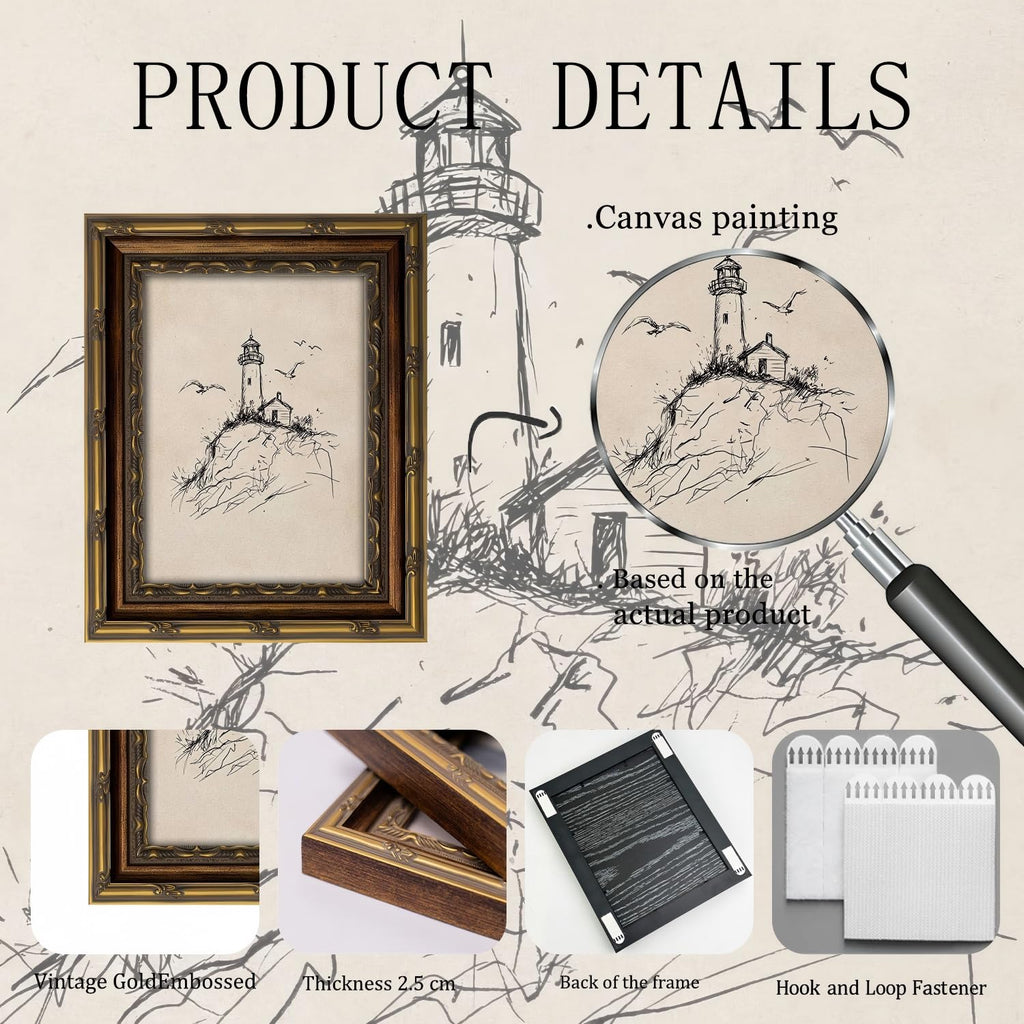 Gold Framed Wall Art, Vintage Coastal Lighthouse Sketch Canvas Prints - Rustic Nautical Summer Beach Pictures