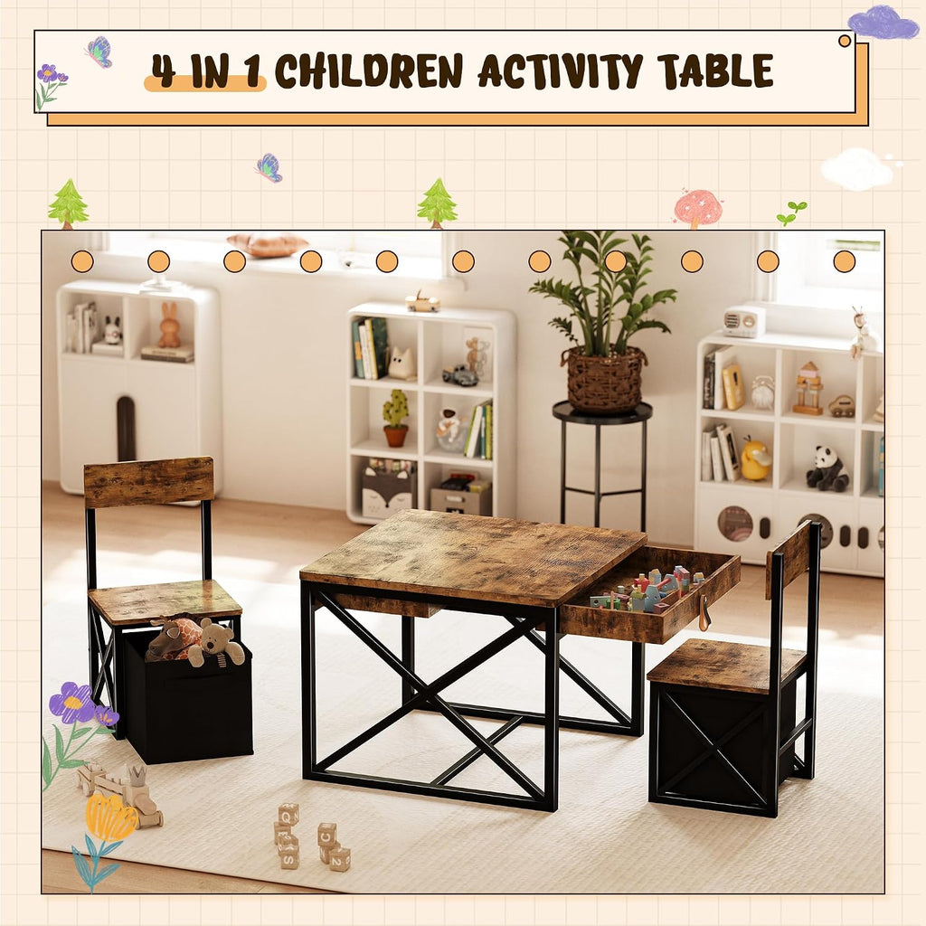 Kids Table and 2 Chairs Set, 4 in 1 Toddler Activity Table and Chairs Set with Storage, Children Desk and Chairs Set