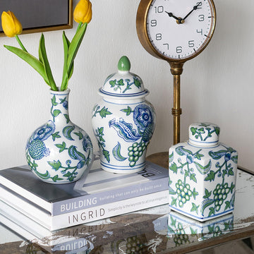 Decorative Porcelain Home Accents with Blue and Green Cherry Blossom Motif, Includes Traditional Ginger Jar - Set of 3