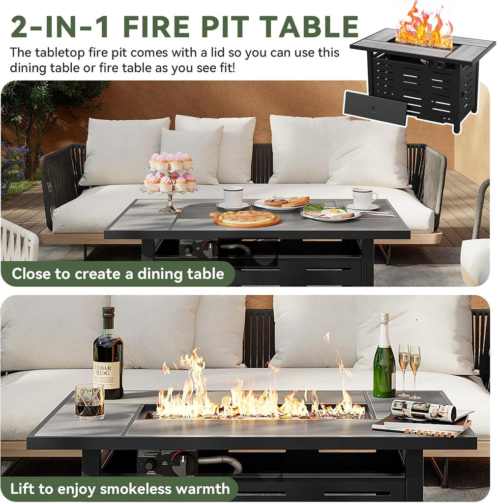42" Propane Fire Pit Table Ceramic Top | 60000 BTU Outdoor Patio Heater with Lava Rocks, Rectangle Gas Fire Pits for