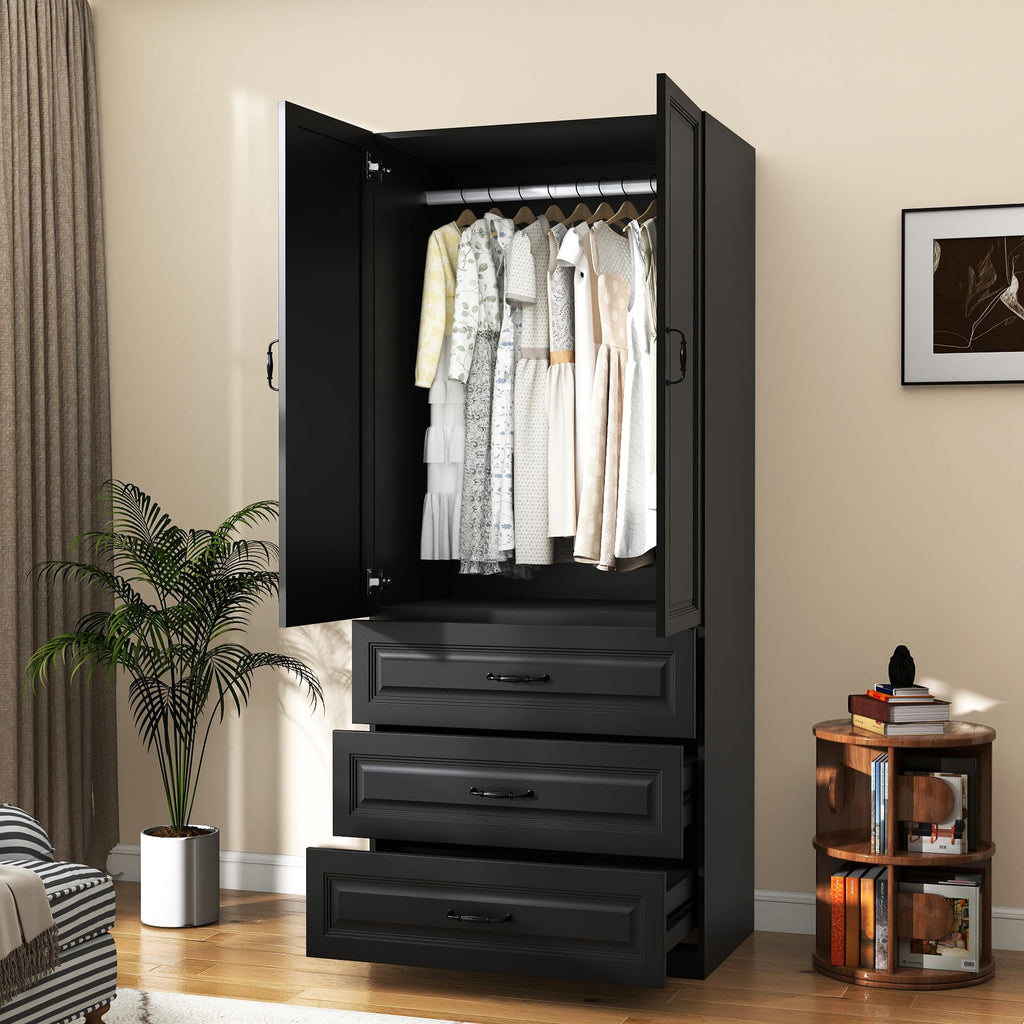 Black Wardrobe Closet with 3 Drawers and 2 Doors, 75" H x 32" W