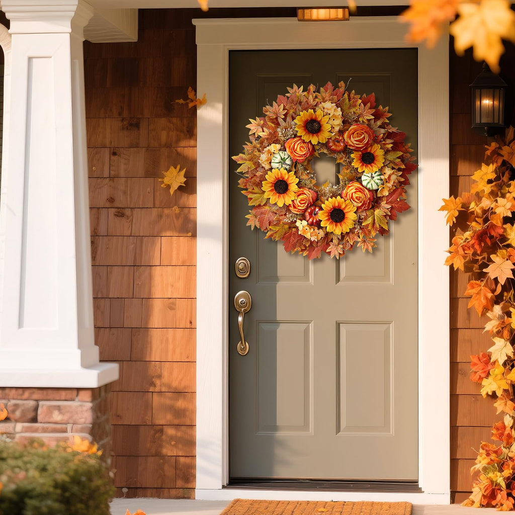 28" Large Artificial Maple Leaves Fall Wreath for Front Door(Orange-Yellow)