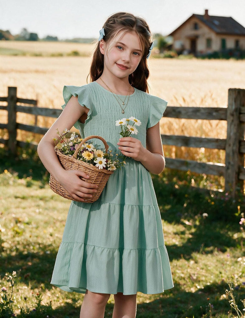 Girls Flutter Sleeve Smocked Tiered Midi Sundress with Pockets