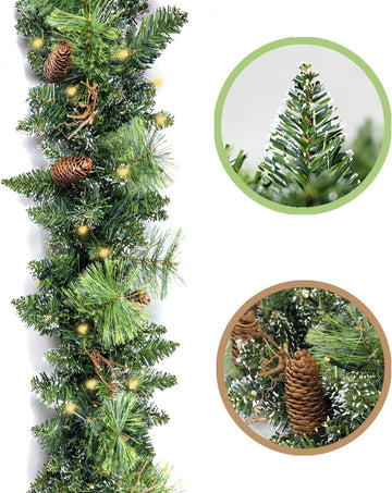 Christmas Garland Prelit 9 Ft Battery Operated with 50 Led Lights, Pine Cone and Snow Style Xmas Garland, Christmas