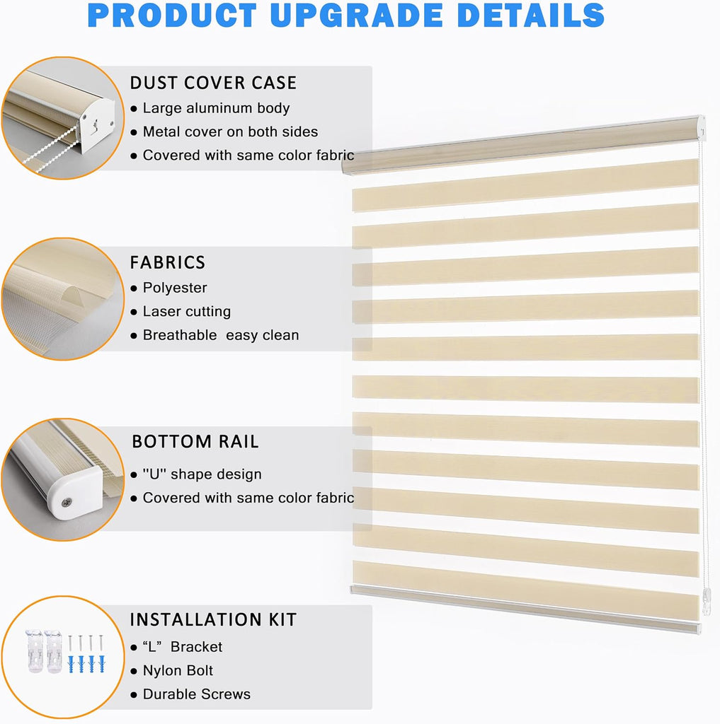 Custom Zebra Blinds for Windows Light Filtering Dual-Layer Window Shades for Privacy Free-Stop Sheer Shades Roller