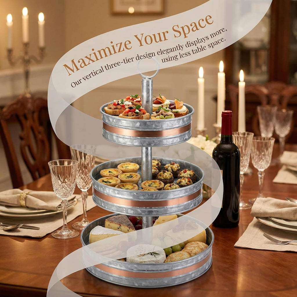 Three Tiered Serving Stand, Rustic Metal Cupcake Stand, Farmhouse Galvanized Tiered Serving Tray for Dessert