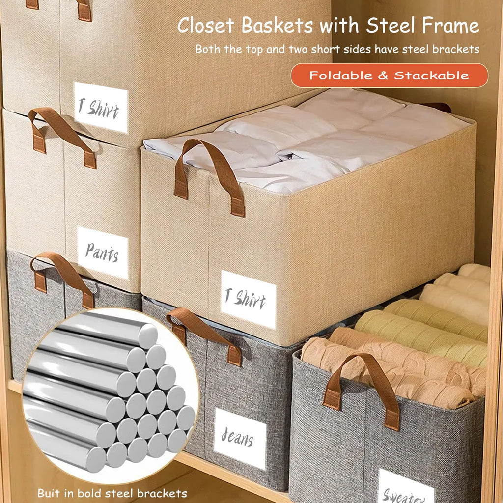 Linen Closet Organizer Storage Bin with Steel Frame, Stackable Fabric Jeans Baskets for Shelves, 4 Packs Foldable