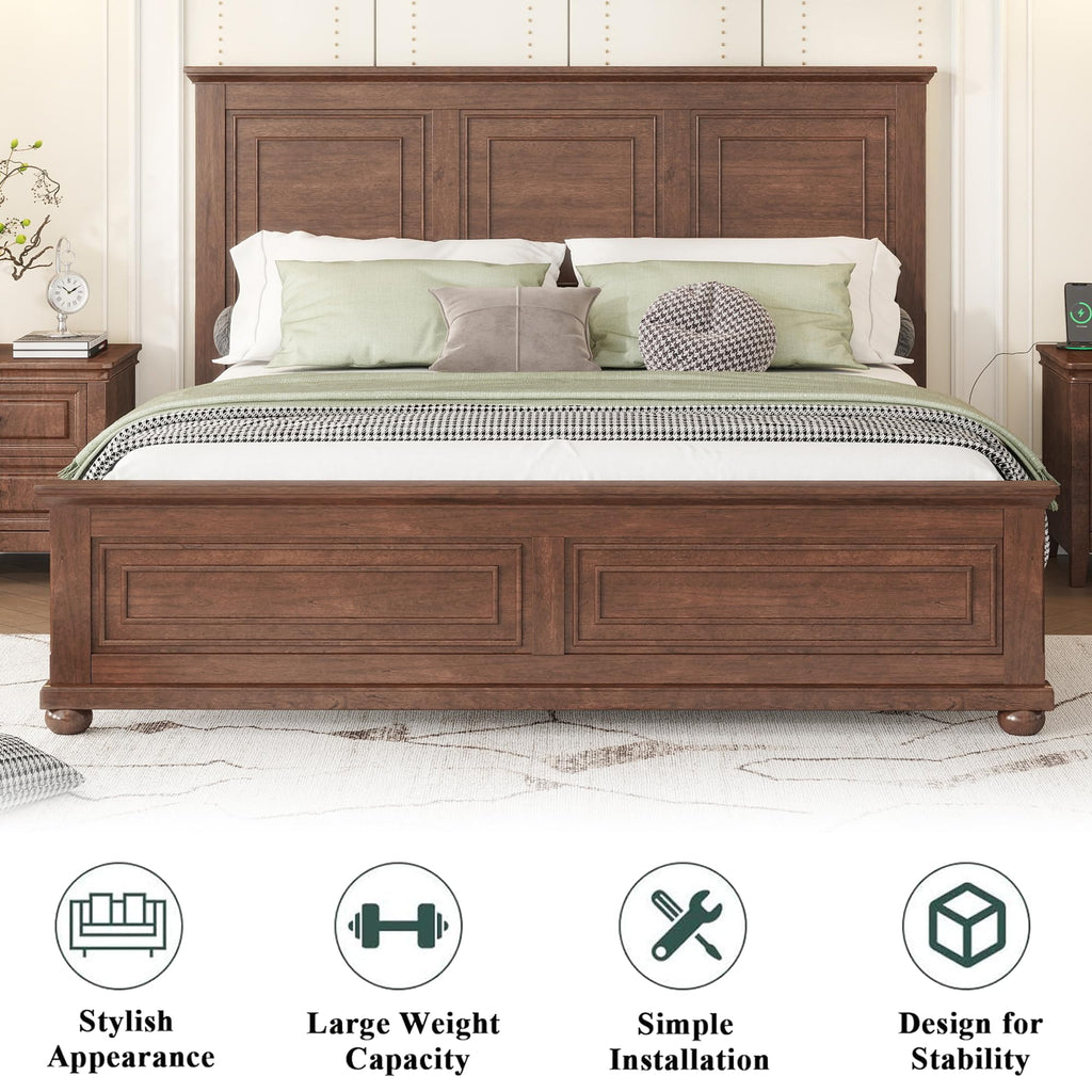 Farmhouse Bed Frame Tall Headboard and Footboard, Pinewood Panel Bed with USB Charging Station and