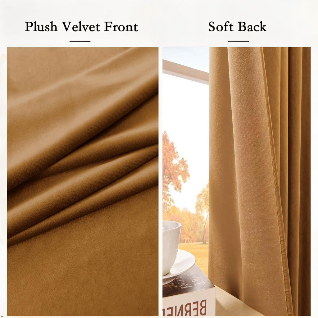 Gold Brown Velvet Blackout Curtains 52x84 inches, 2Pcs, Back Tab