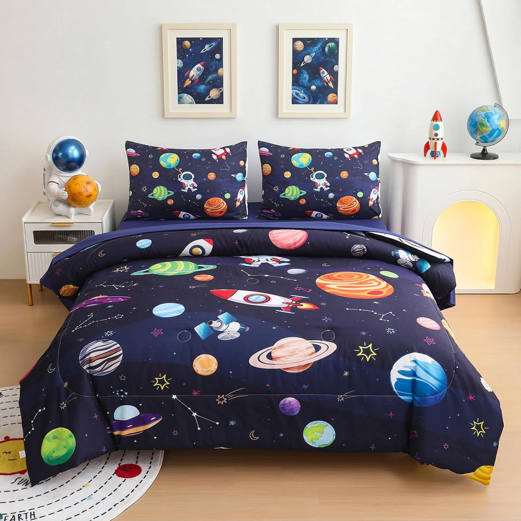 Boys Full Bedding Set Space Bedding - 5 Piece Comforter Set Full, Rocket and Planet Galaxy Comforter for All-Season