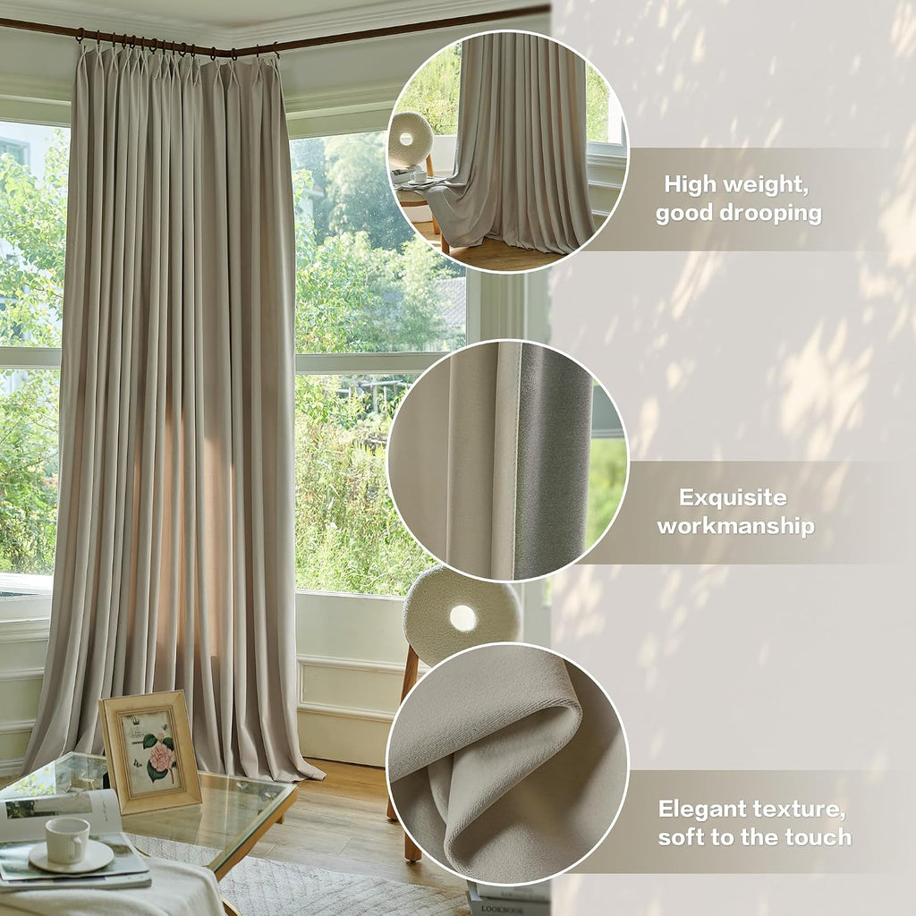 Luxury Velvet Pleated Curtains 108 Inches Long 1 Panel, Camel Beige Pinch Pleated Drapes Panels for Patio Sliding