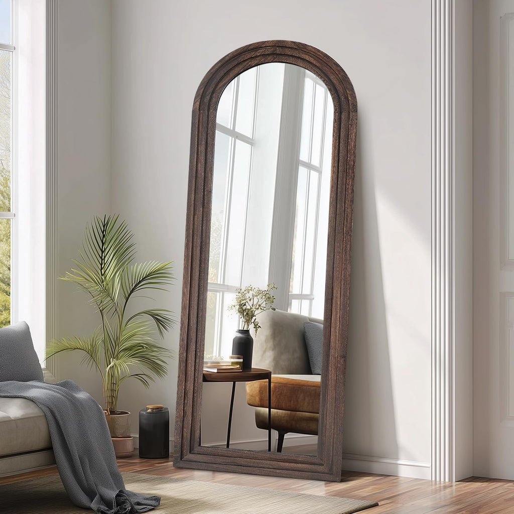 58x22 Arched Full Length Mirror, Solid Wood 3 Layer Frame, Brown