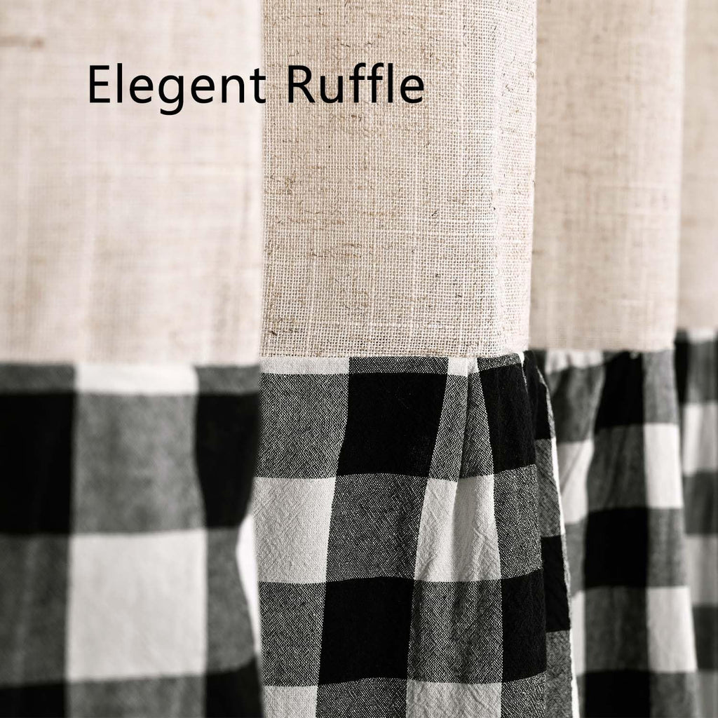 Ides Farmhouse Ruffle, Linen and Black Plaid Patchwork, Natural Bathroom Decor, Textured Weave for Modern and Shabby