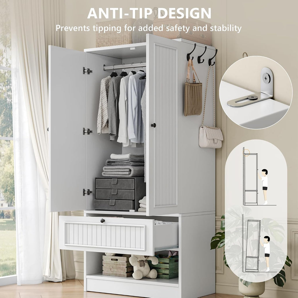 Armoire Wardrobe Cabinet with Mirror and Drawer, 70" 2-Door Wooden Closet Organizer Storage, White