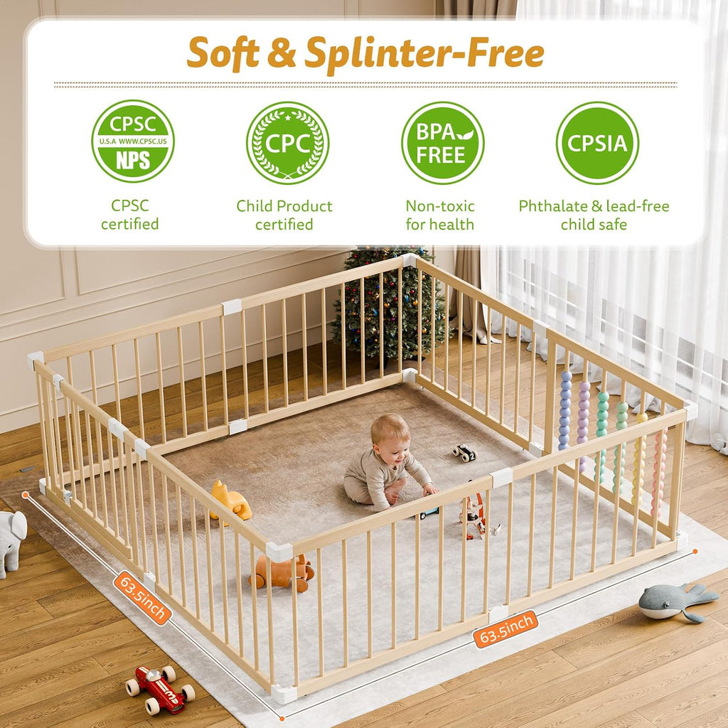 Wooden Baby Playpen, 8 Panels Fence for Babies and Toddlers 63.5"×63.5" | Size Adjustable Baby Play Yard with Locking