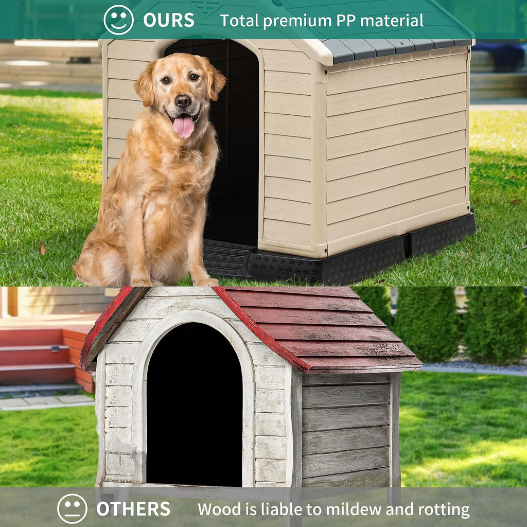 Plastic Dog House, Waterproof Indoor Outdoor Doghouse for Large or Small Dog, with Air Vents and Elevated Floor, Easy
