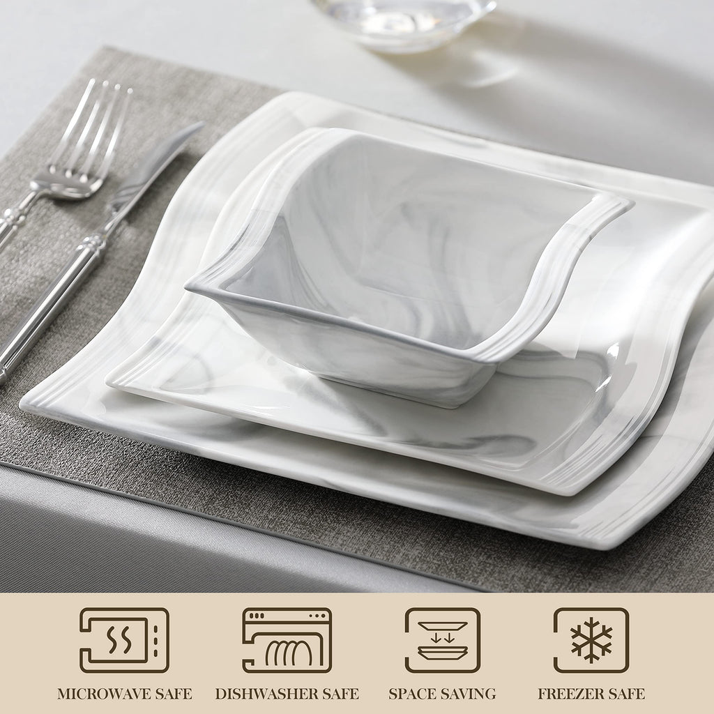26-Piece Marble Grey Square Dinnerware Sets, Flora Porcelain Dinner Set for 6, Service for 6, Microwave & Dishwasher