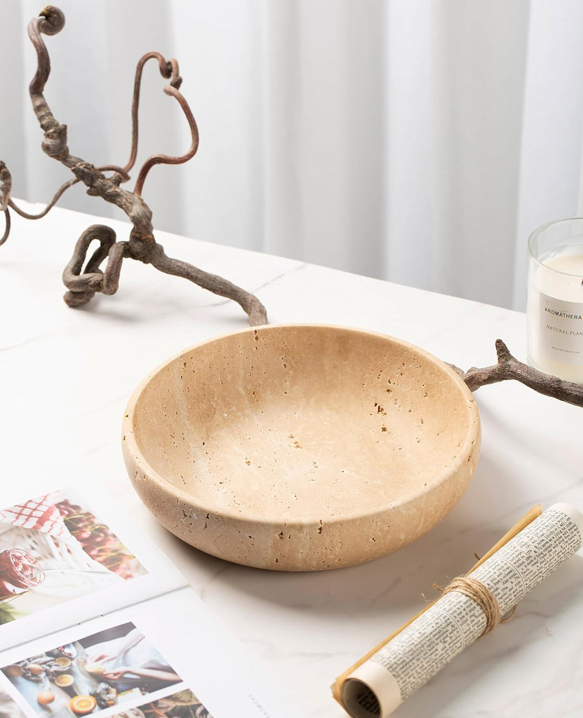Natural Travertine Decorative Bowl 7.8", Handmade Stone Catchall Bowl for Entryway Key, Coffee Table Centerpiece