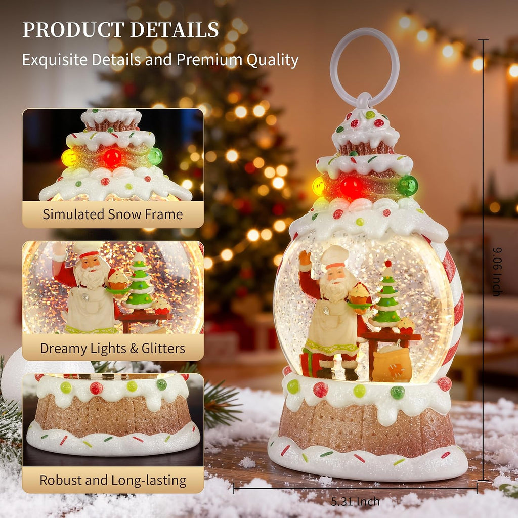 9" Lighted Musical Snow Globe Lantern, Gingerbread Santa Baker with Swirling Glitter, Cupcake Christmas Tree, USB