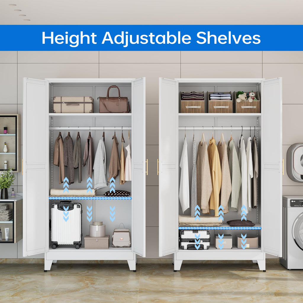 71" Metal Armoire Wardrobe Closet, Bedroom Clothing Storage Cabinet with Hanging Rod, Freestanding White Armoire