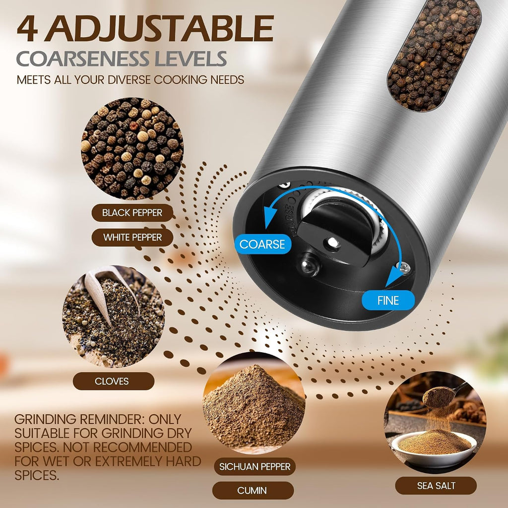 Electric Salt and Pepper Grinder Set, 110 ml Rechargeable Automatic Salt and Pepper Shakers with Adjustable - Set of 6