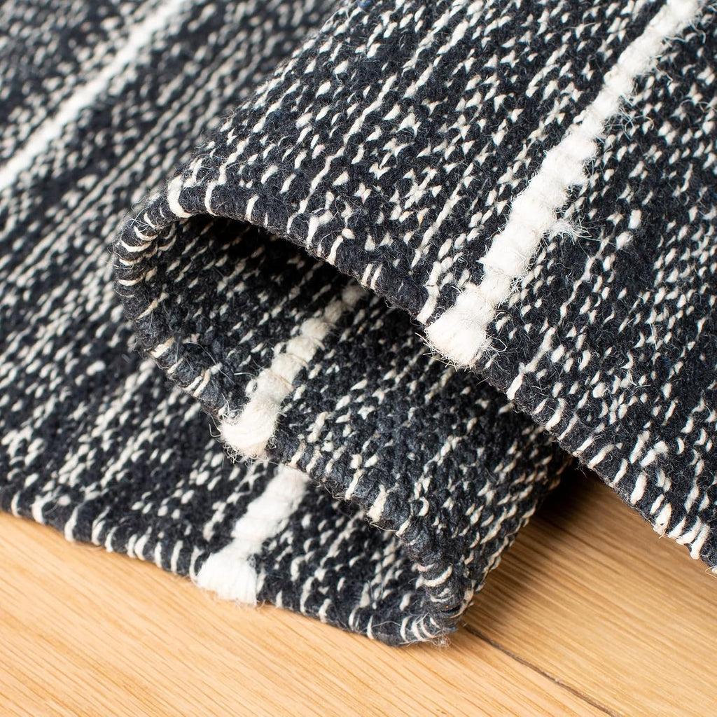 Striped Kilim Collection Area Rug - 7' Square, Black & Ivory, Handmade Stripe Cotton, Ideal for High Traffic Areas