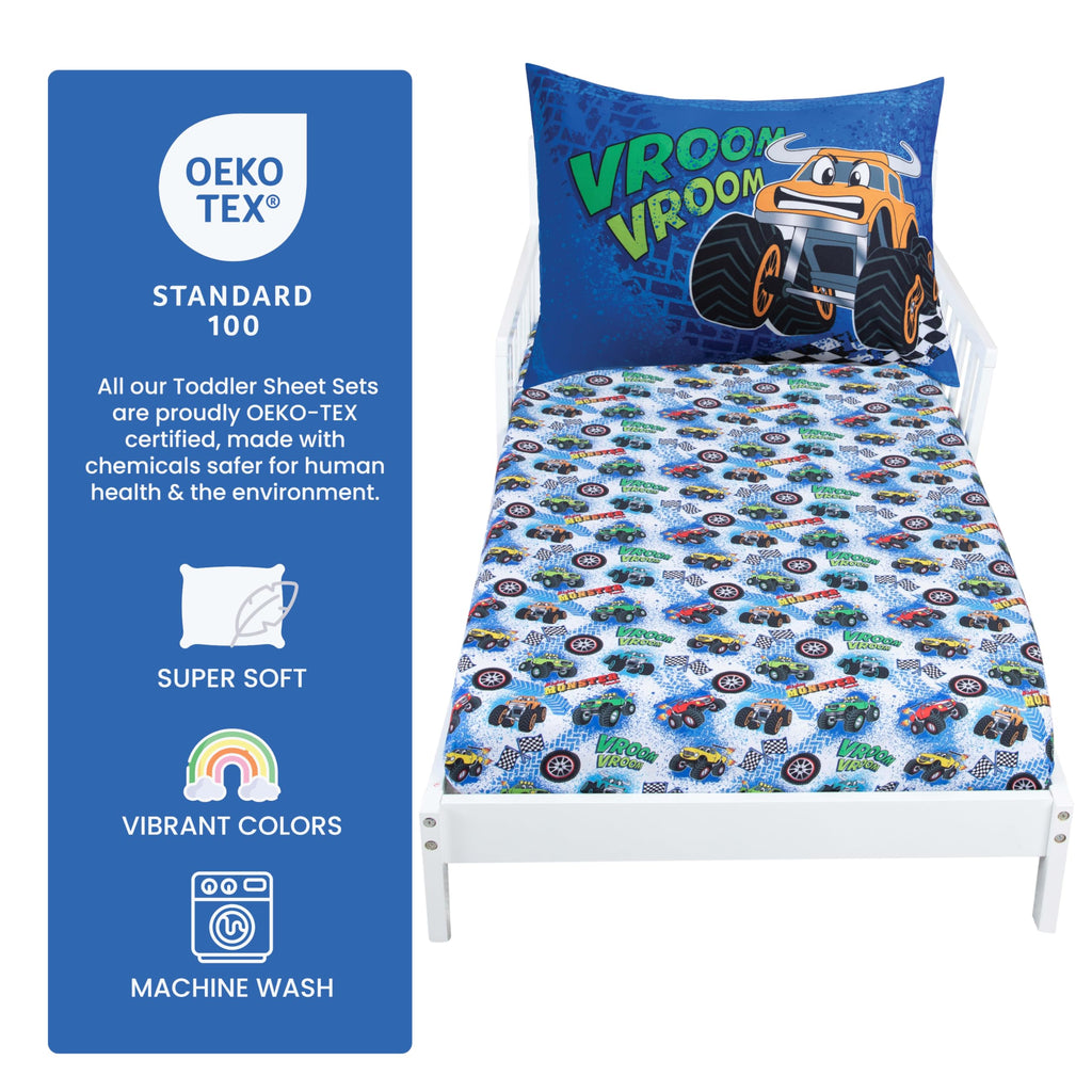 Monster Trucks Bedding Toddler Bed Sheets - 2-Piece Toddler Bed Sets for Boys Crib Size, Fitted Crib Sheet & 20x30