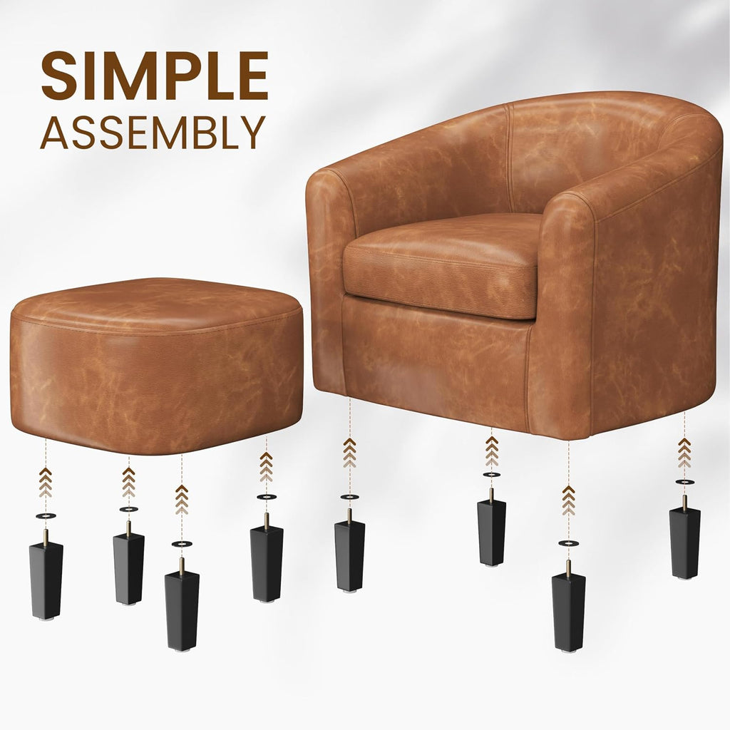 Accent Chairs with Ottoman, Faux Leather, Brown - Set of 2
