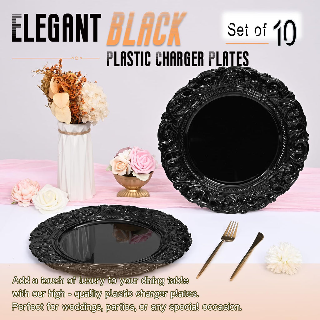 Black Charger Plates Bulk 10Pcs - 13" Black Chargers for Dinner Plates, Floral Embossed Decorative Charger Plate for